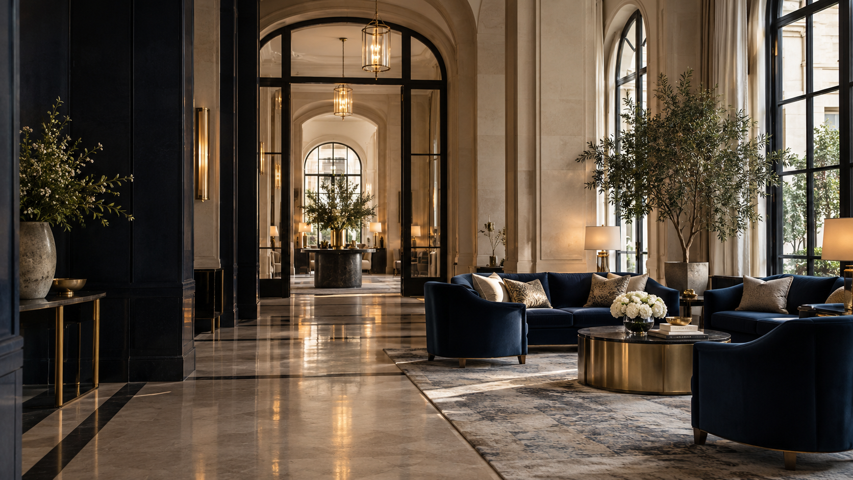 Illustrative hotel lobby with navy seating and warm brass details, created for this website