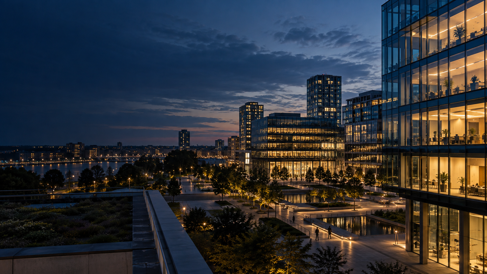 Illustrative European business district at blue hour, created for this website