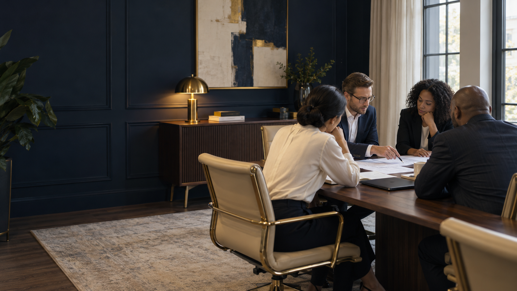 Illustrative business discussion in a contemporary boardroom, created for this website